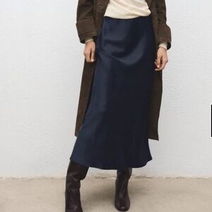 Mango Satin Maxi Skirt Navy Blue Size S Minimalist Elegant